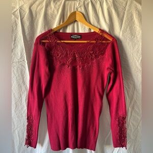 Red Ribbed Sweater with Floral Appliqué Details #embellished